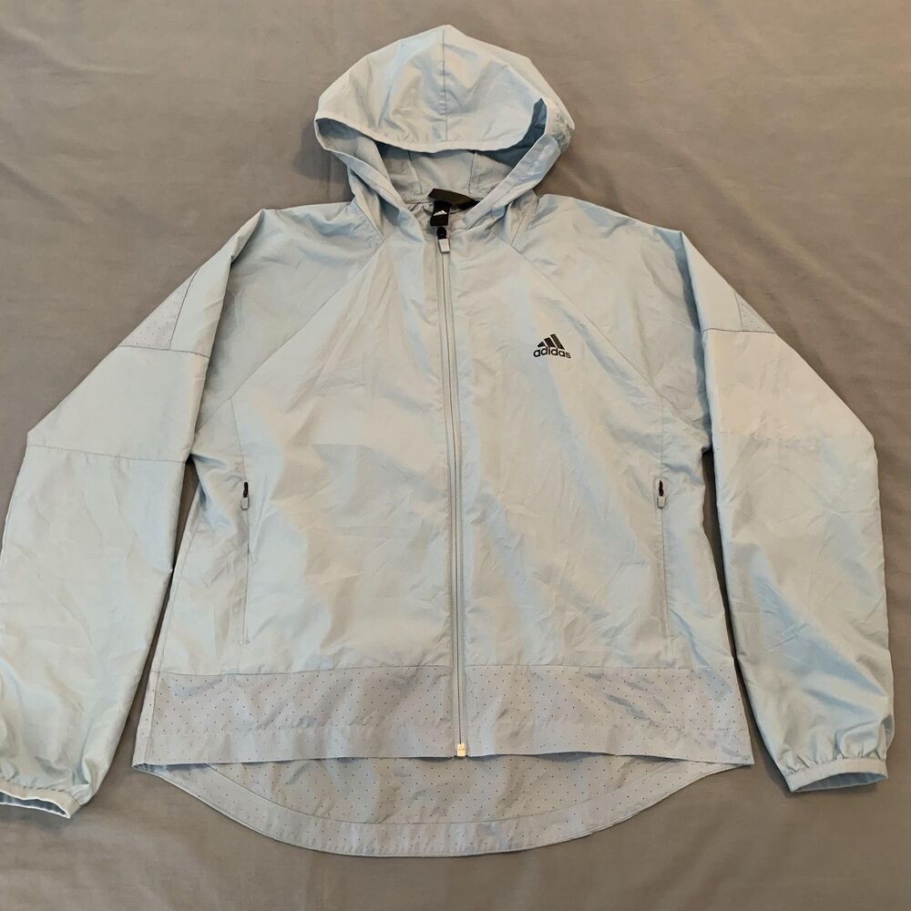 Adidas Jacket Womens Medium Light Blue Hooded Windbreaker Full Zip‎ Reflective